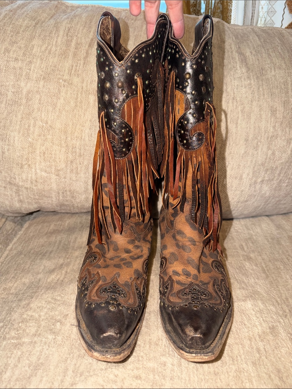 Corral Leopard Fringe Boots - Picture 2 of 4